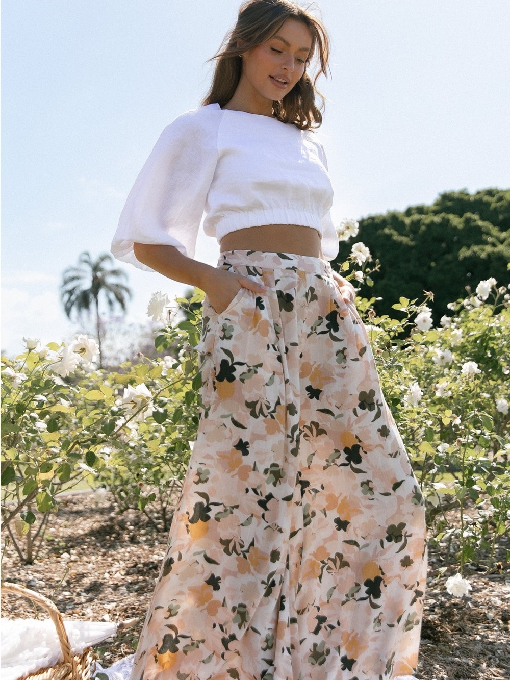 Petal & Pup Floral Wide-Leg Pants in Blush, Green & Cream